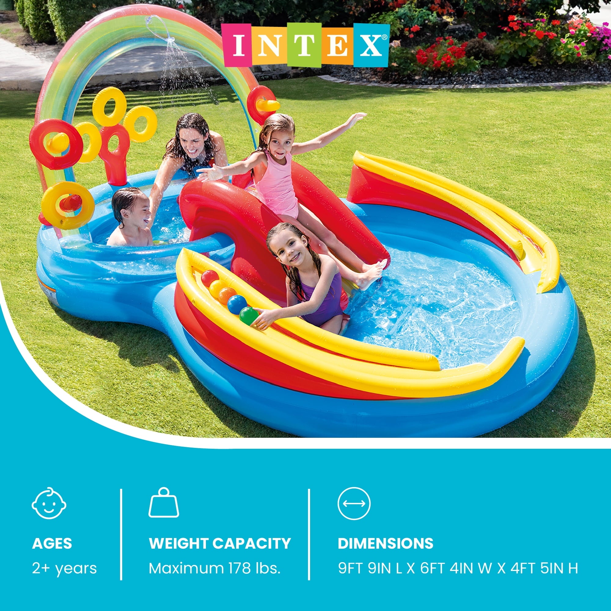 Intex 9.75 x 6.3 Ft Rainbow Slide Inflatable Pool Water Slide Ring Center