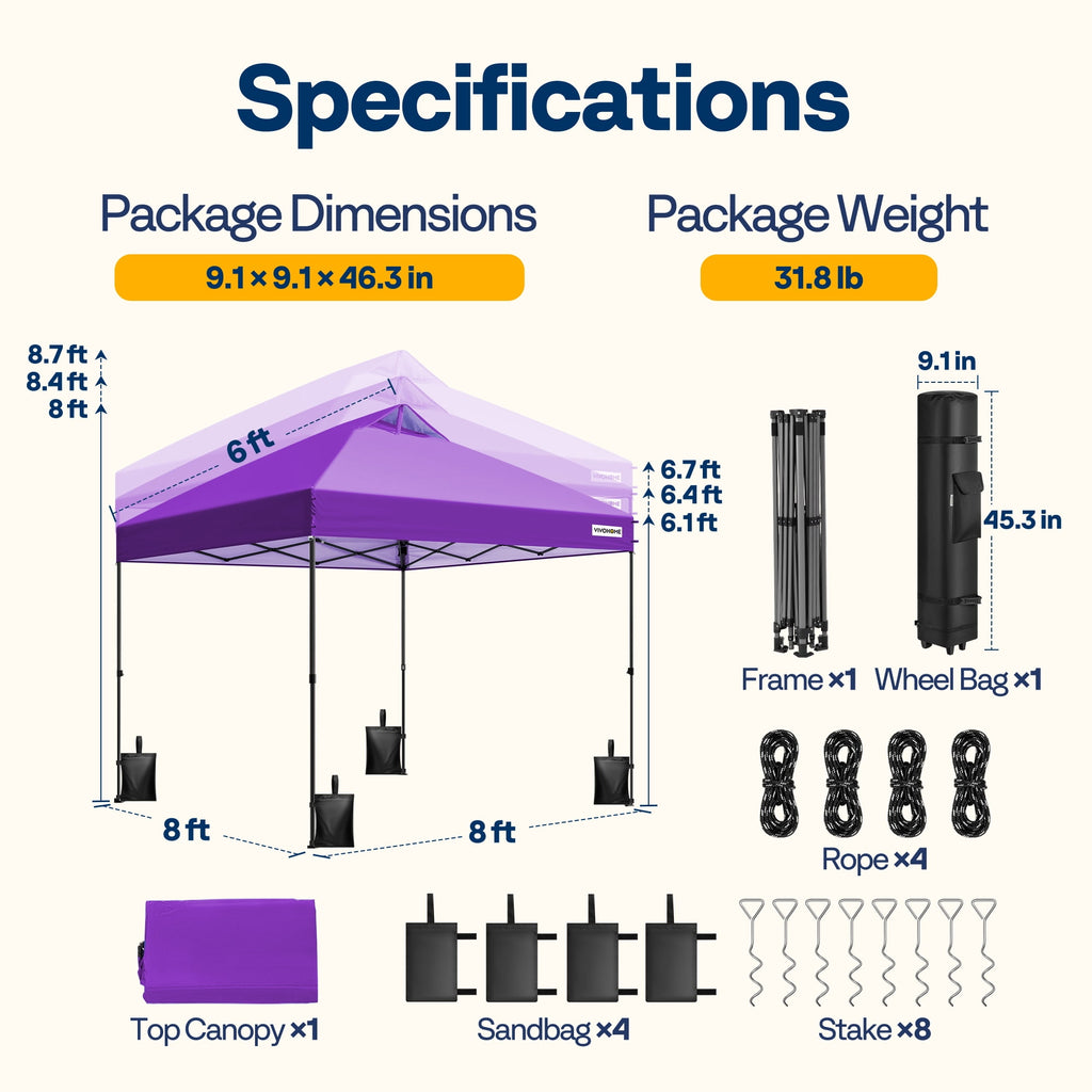 SPECSTAR 8x8ft Pop-up Canopy Tent One Push Setup Instant Tent with Center Lock, Wheel Carry Bag and 4 Sandbags for Events Parties, Purple