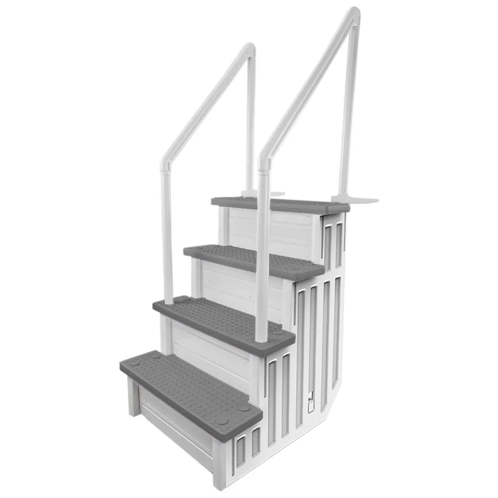 Aqua Select White Anti-Slip Pool Steps with White Steps and White Outside Flip-up Safety Ladder, 48-54H