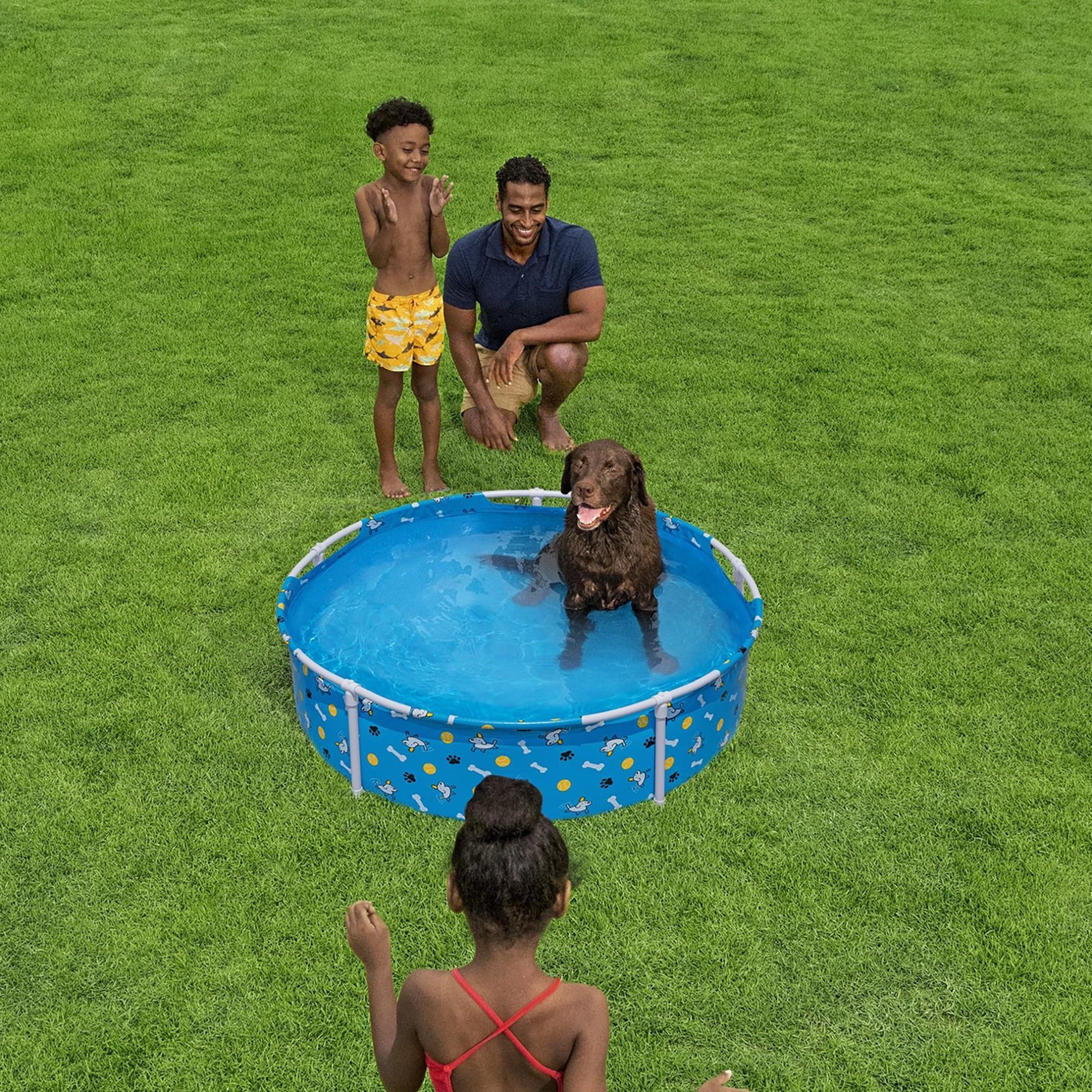 H2OGO! Fetchin' Fun Pet Play Pool - Blue, 48 Dog Splash-Swim-Wade Tub, Bone-Ball- Paw Print, Metal Frame, Tritech Liner, Outdoor Animal Water Play