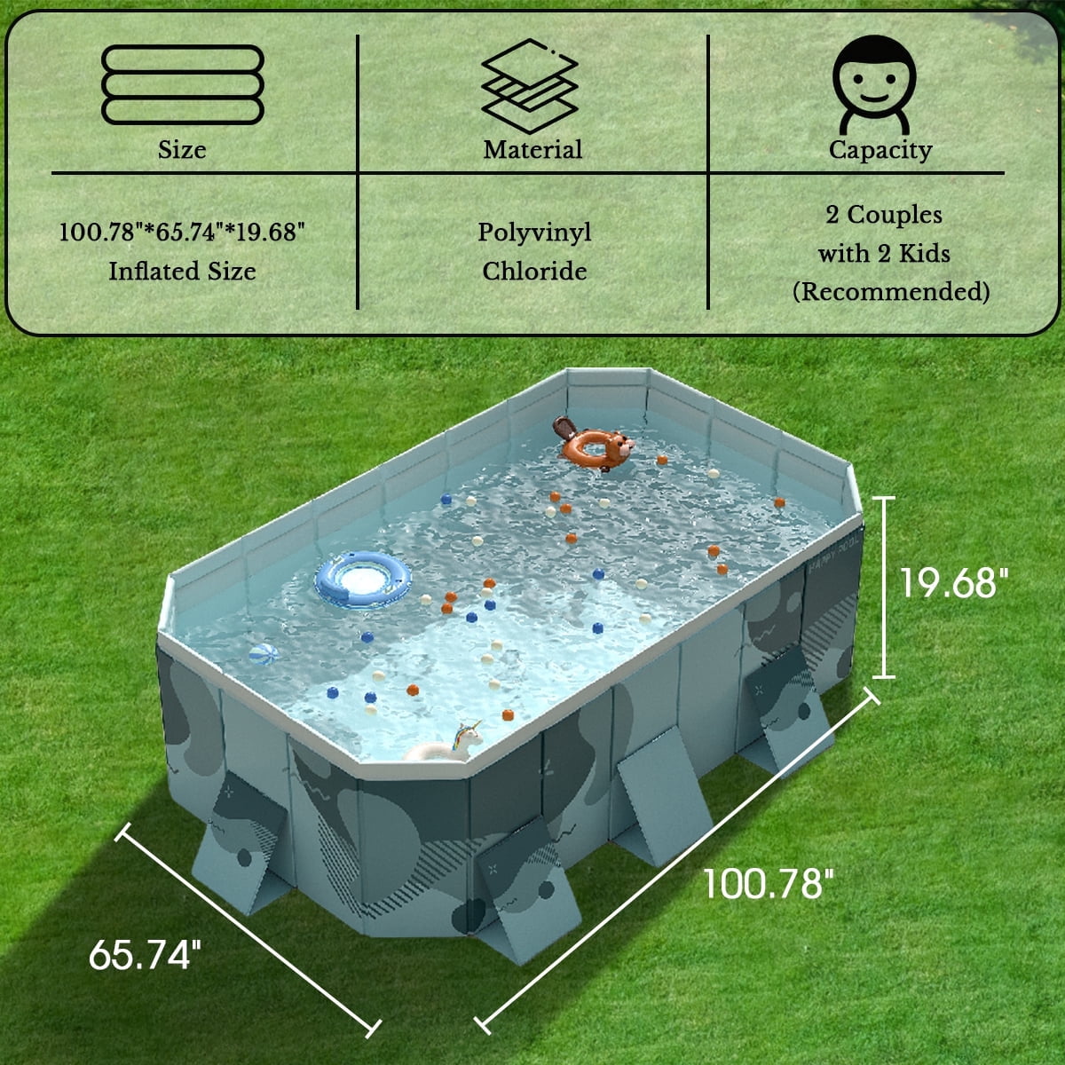 LUOLUO Foldable Swimming Pool, Large Non-inflatable Adults Kids Outdoor Pools, with Fix Patches & Stable Triangular Braces, Green, (101 x 66 x 20)