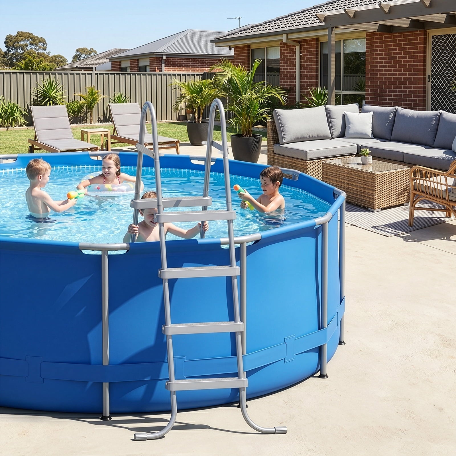 Ktaxon 52 4Step Steel Frame Above Ground Swimming Pool Ladder,Heavy Duty Double Sided Removable Pool Steps with Ladder Escape