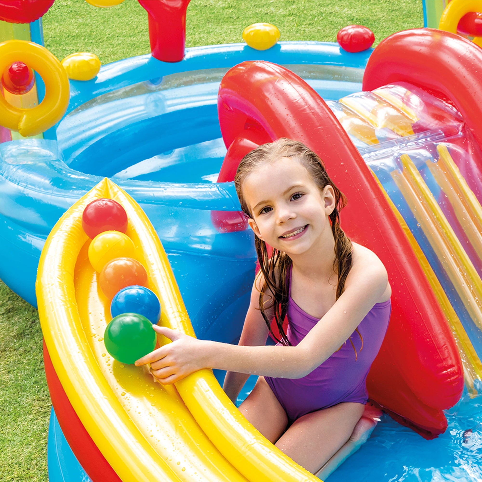 Intex 9.75 x 6.3 Ft Rainbow Slide Inflatable Pool Water Slide Ring Center