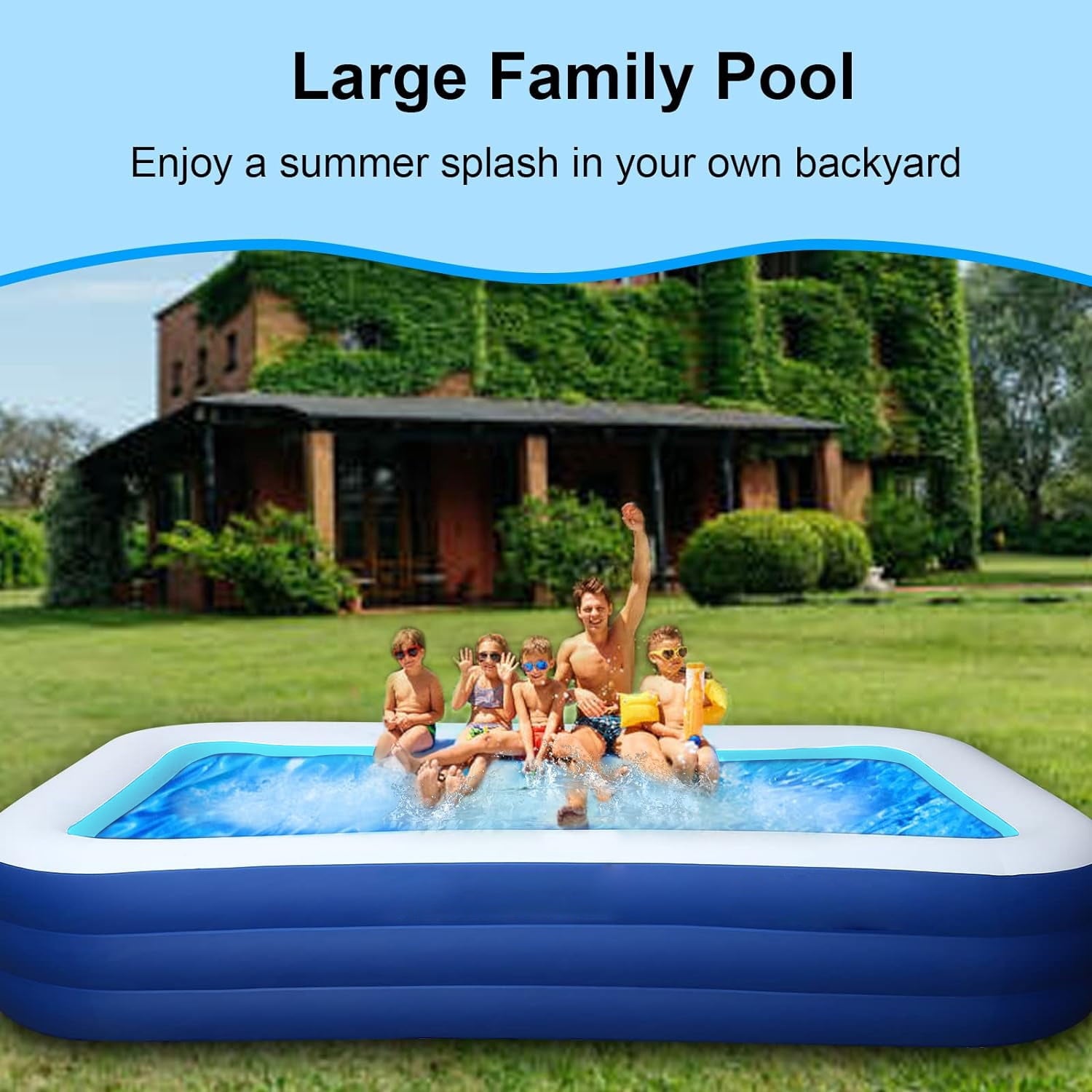 BN-LINK Inflatable Pool for Kids and Adults, 118 X 68 X 22 Oversized Thickened Family Swimming Pool for Toddlers, Outdoor, Garden, Backyard, Summer Water Party