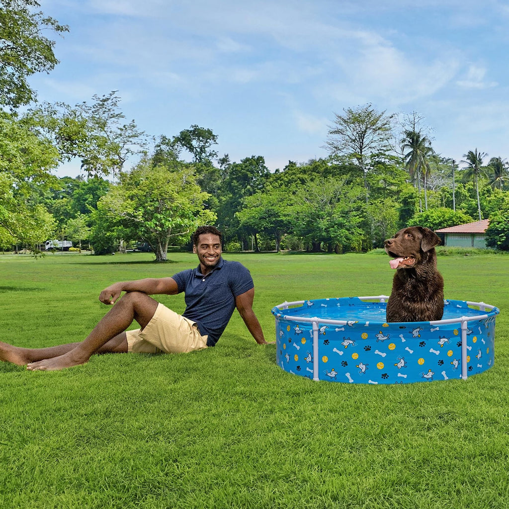 H2OGO! Fetchin' Fun Pet Play Pool - Blue, 48 Dog Splash-Swim-Wade Tub, Bone-Ball- Paw Print, Metal Frame, Tritech Liner, Outdoor Animal Water Play