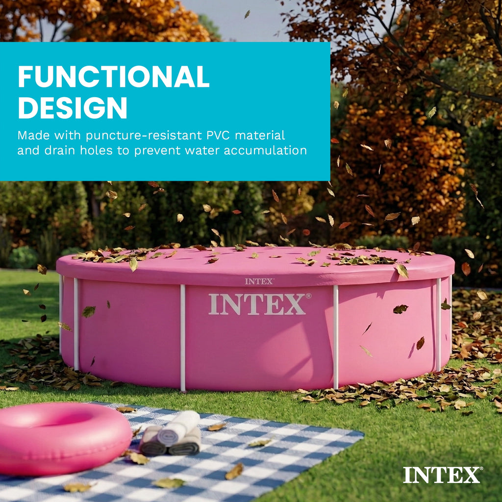 INTEX 10 Foot Pool Cover for Round Metal Frame Outdoor Backyard Swimming Pool, Pink