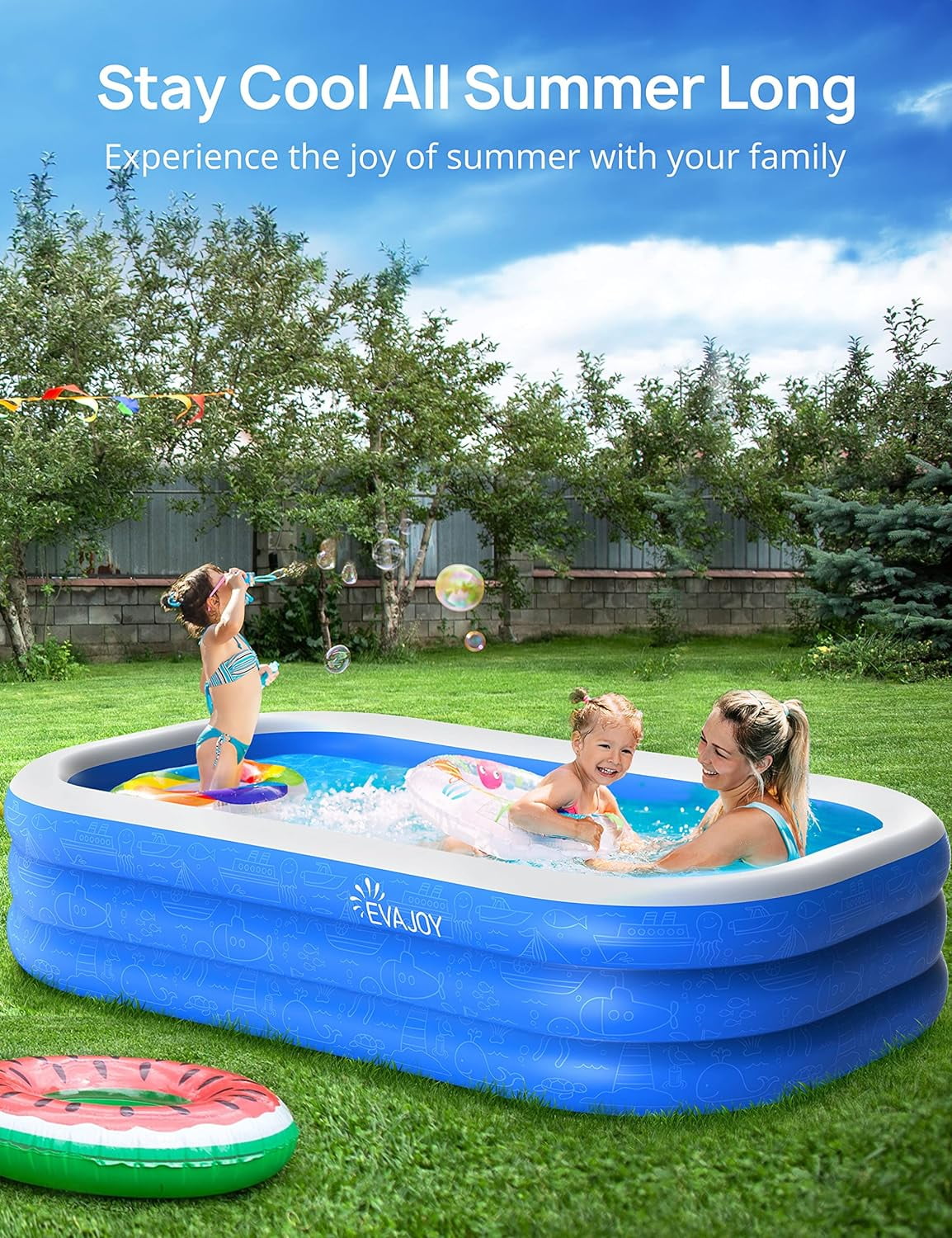 Sable Inflatable Pool, 95 x 75 x 40in Rectangular Swimming Pool for Toddlers, Kids, Family, Above Ground, Backyard, Outdoor
