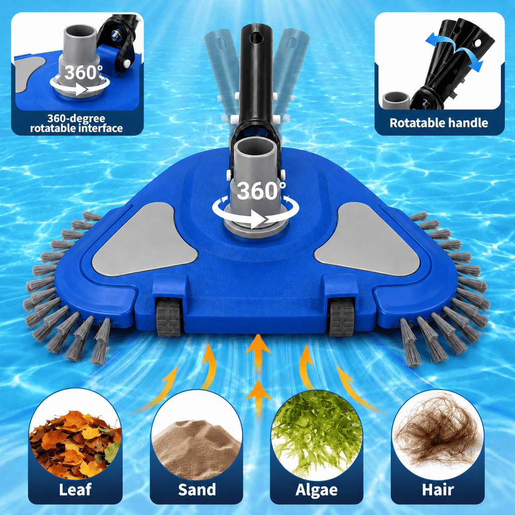WaterJingle Weighted Triangular Pool Vacuum Head with Wheels, Swivel Hose Adapter and Corner Brushes