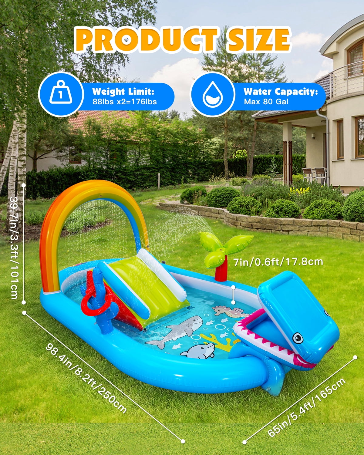 Qhomic 6-in-1 Inflatable Play Center with Pool, Indoor/Outdoor Water Park Pool with Water Slide, Shark-Shaped Ball Toss, Water Sprinklers, Ring Toss Game, and Powerful Pump, Dry & Wet Use