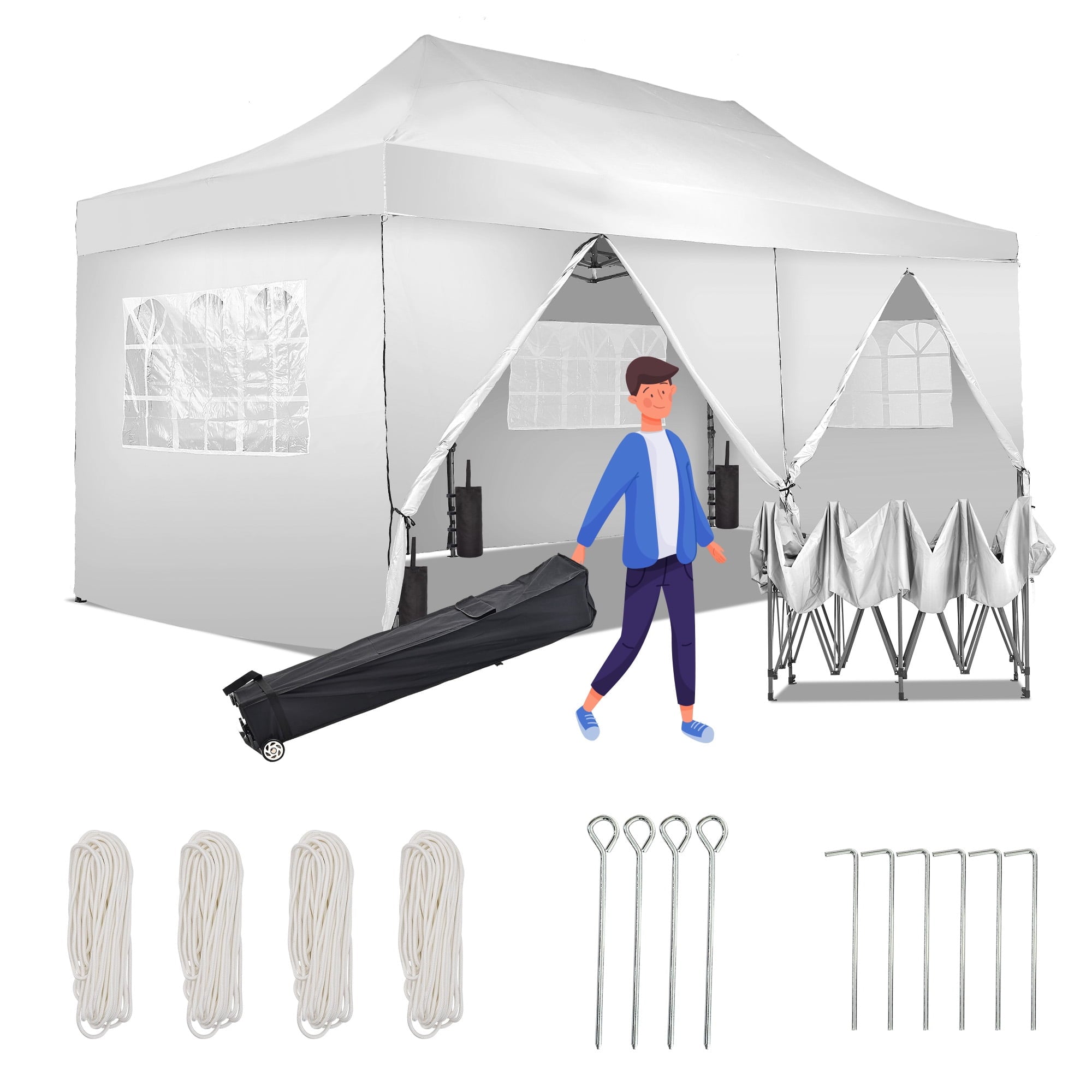 Ainfox 5-Piece Sidewalls for 10x20 Pop Up Canopy Tent, 420D Oxford PVC Waterproof Sun Shade Privacy Walls with Windows & Zippers, White
