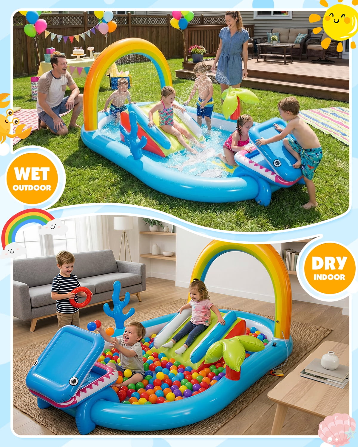 Qhomic 6-in-1 Inflatable Play Center with Pool, Indoor/Outdoor Water Park Pool with Water Slide, Shark-Shaped Ball Toss, Water Sprinklers, Ring Toss Game, and Powerful Pump, Dry & Wet Use