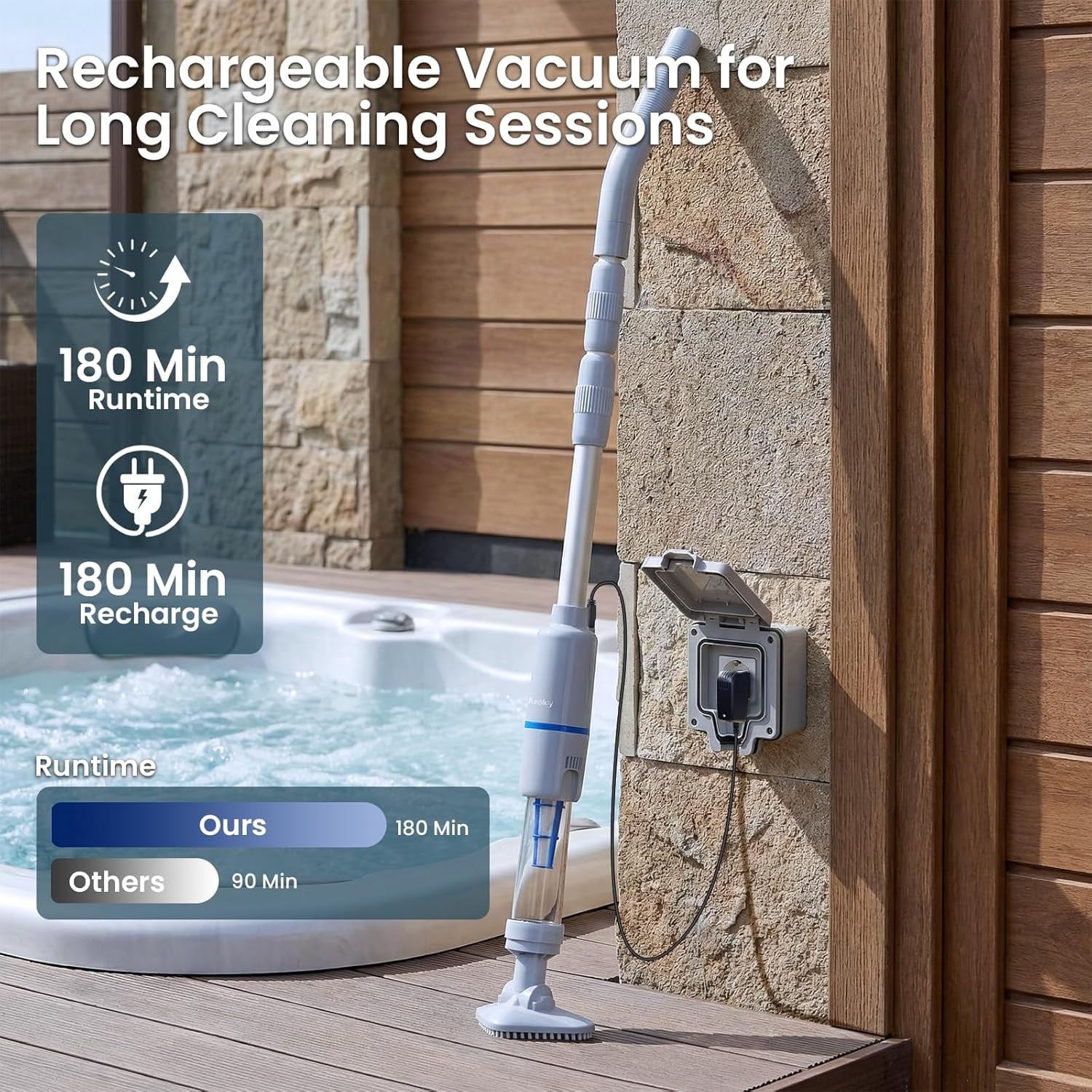 Handheld Spa Hot Tub Vacuum, Cordless Spa Vacuum Cleaner with 2 Brush Heads and Telescopic Pole, Up to 3 Hours of Runtime, Rechargeable Pool Vacuum