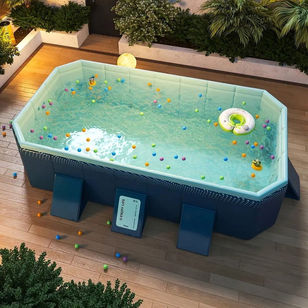 Olurrisa 9.8ft Blue PVC Folding Pool, Non-Inflatable, 1900L/500GAL Capacity for Outdoor Bathing & Cooling, Folds for Compact Storage (113”L x 66”W)
