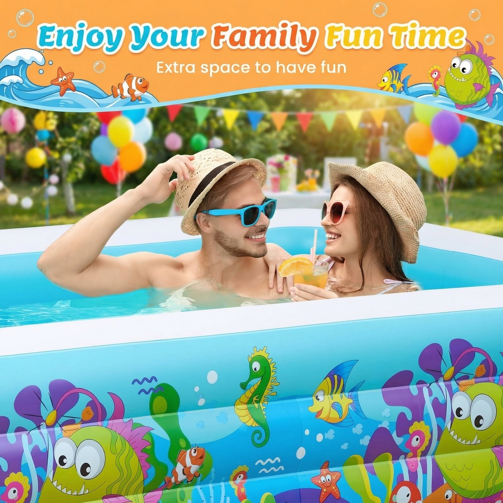 Naipo Inflatable Swimming Pool for Kids and Adults, 120x72x22 Oversized Thickened Family Swimming Pool for Toddlers, Outdoor, Garden, Backyard, Summer Water Party, Cartoon Patterns