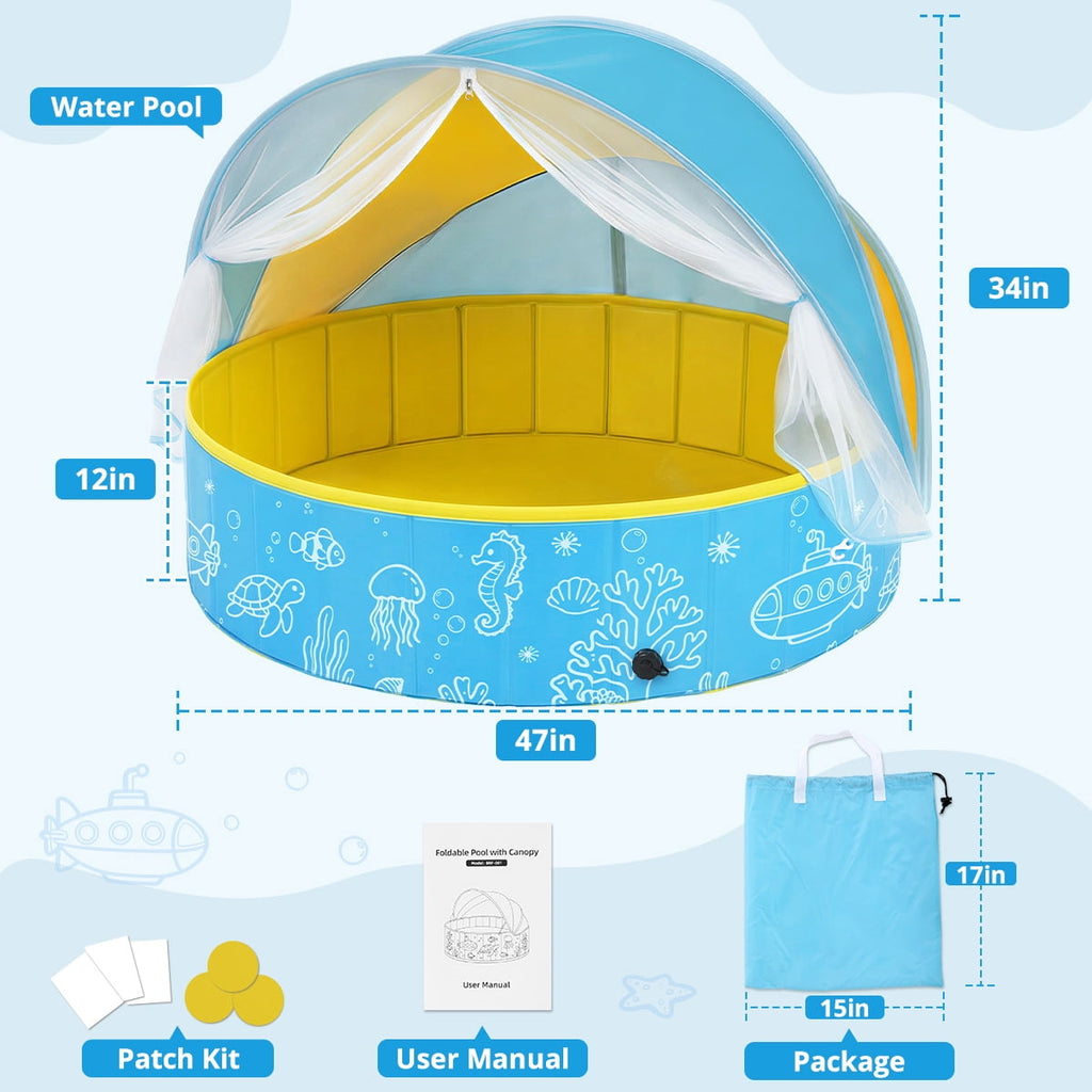Kids Pool, Caveen Foldable Kiddie Pools for Toddler, Swimming Pool with Canopy for Backyard