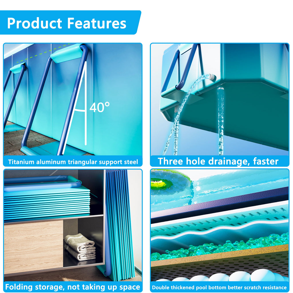 Hyindoor Outdoor Foldable Non-Inflatable Adults and Kids Swimming Pool Titanium Aluminum Support Steel Frame Anti-Slip for Lawn Garden Backyard（116 x 65 x 21）