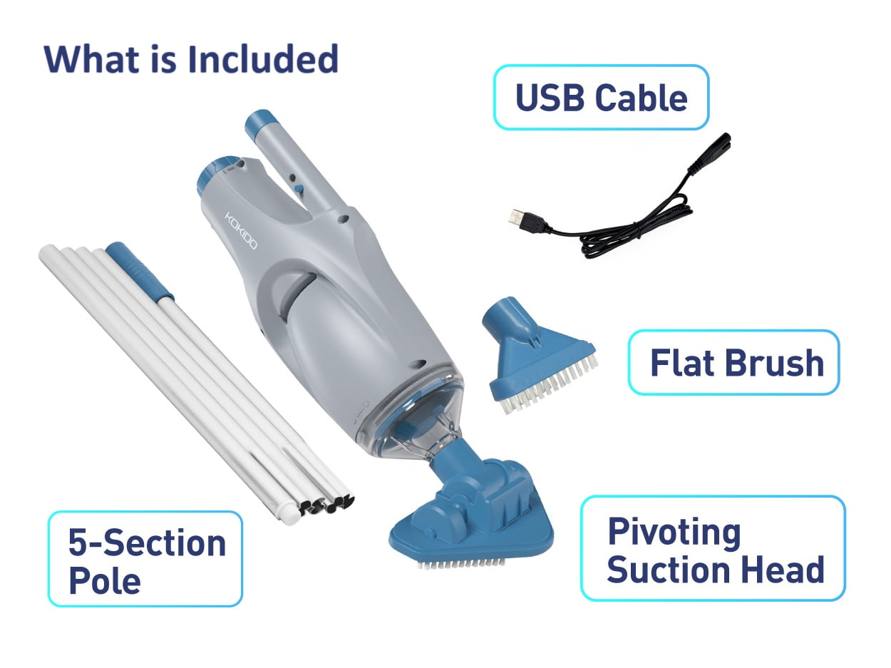Kokido Rechargeable Handheld Pool Vacuum XTROVAC 110 Cordless with Adjustable Pole and 2 Brush Vac Heads for Above-Ground Pools,  Spot Clean Inground Pools