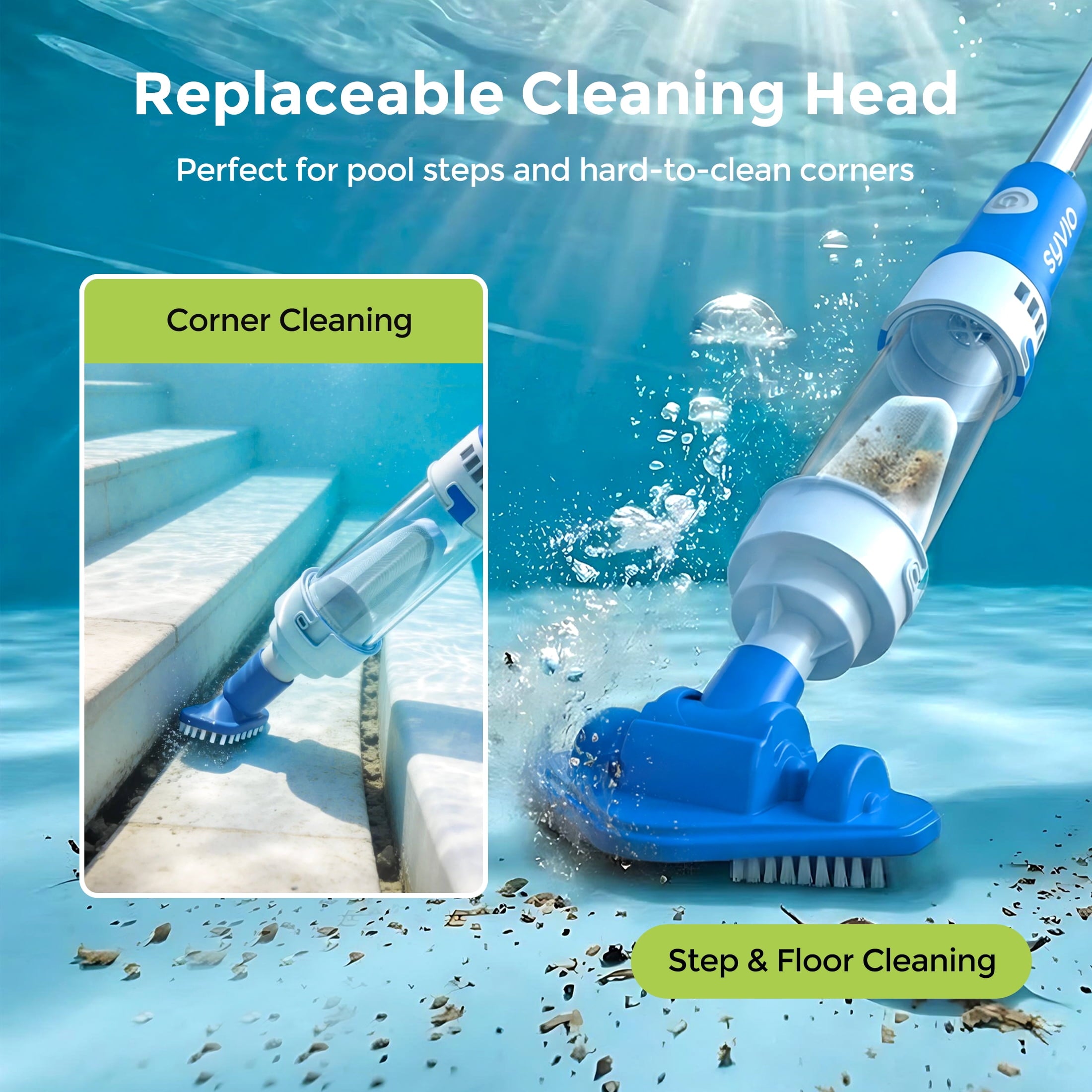 SYVIO 2-in-1 Cordless Handheld Pool Vacuum, Rechargeable Pool & Spa Cleaner with Telescopic Pole (78.8”), 60 Min Runtime, Ideal for Above Ground Pools, Hot Tubs & Small Pools