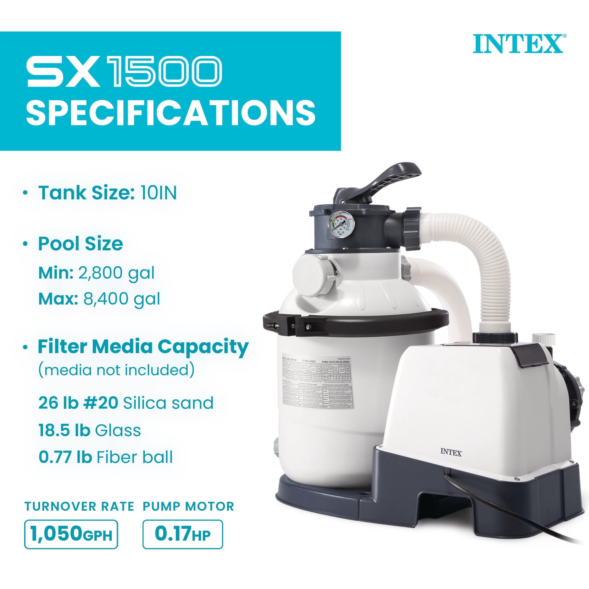 Intex10 inch Krystal Clear Sand Filter Pool Pump, 1500 Gph Motor 1200 GPH System Flow Rate with GFCI, 110-120 V