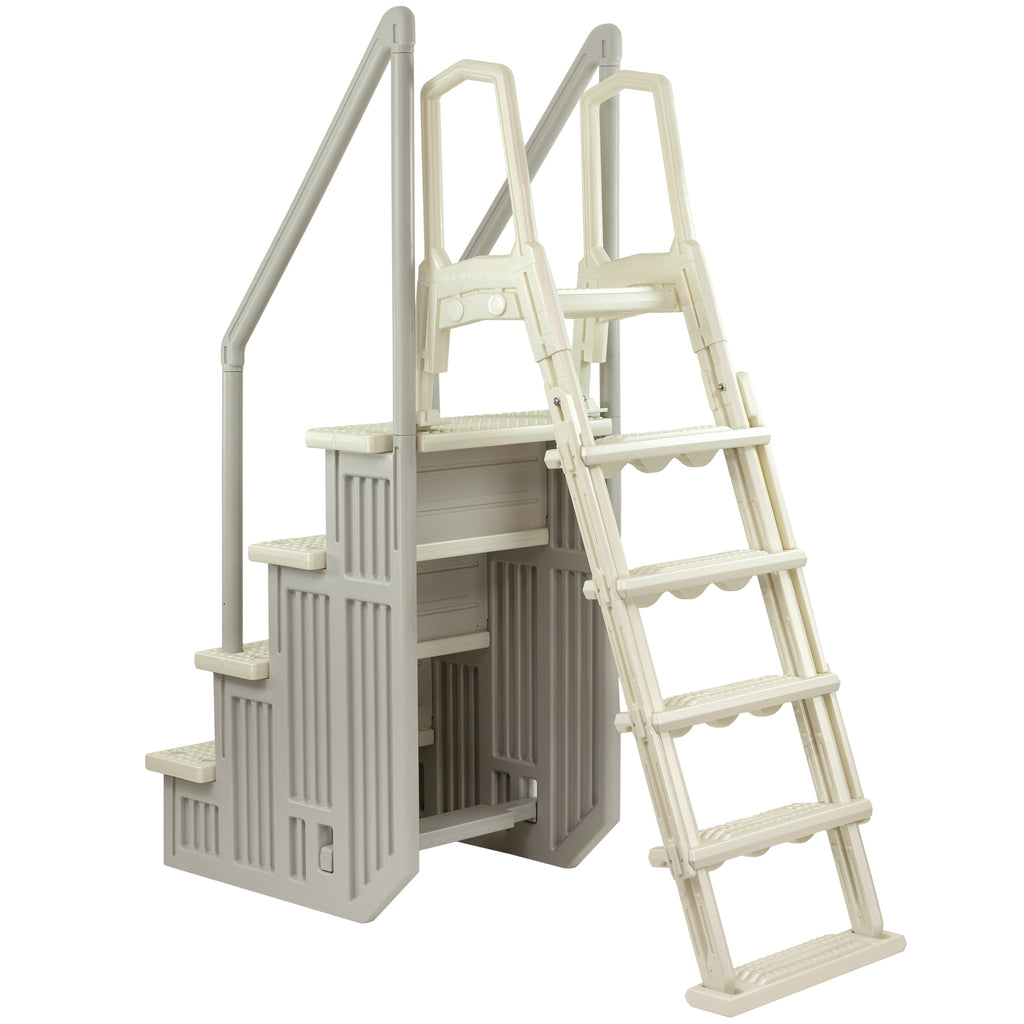 Aqua Select White Anti-Slip Pool Steps with White Steps and White Outside Flip-up Safety Ladder, 48-54H