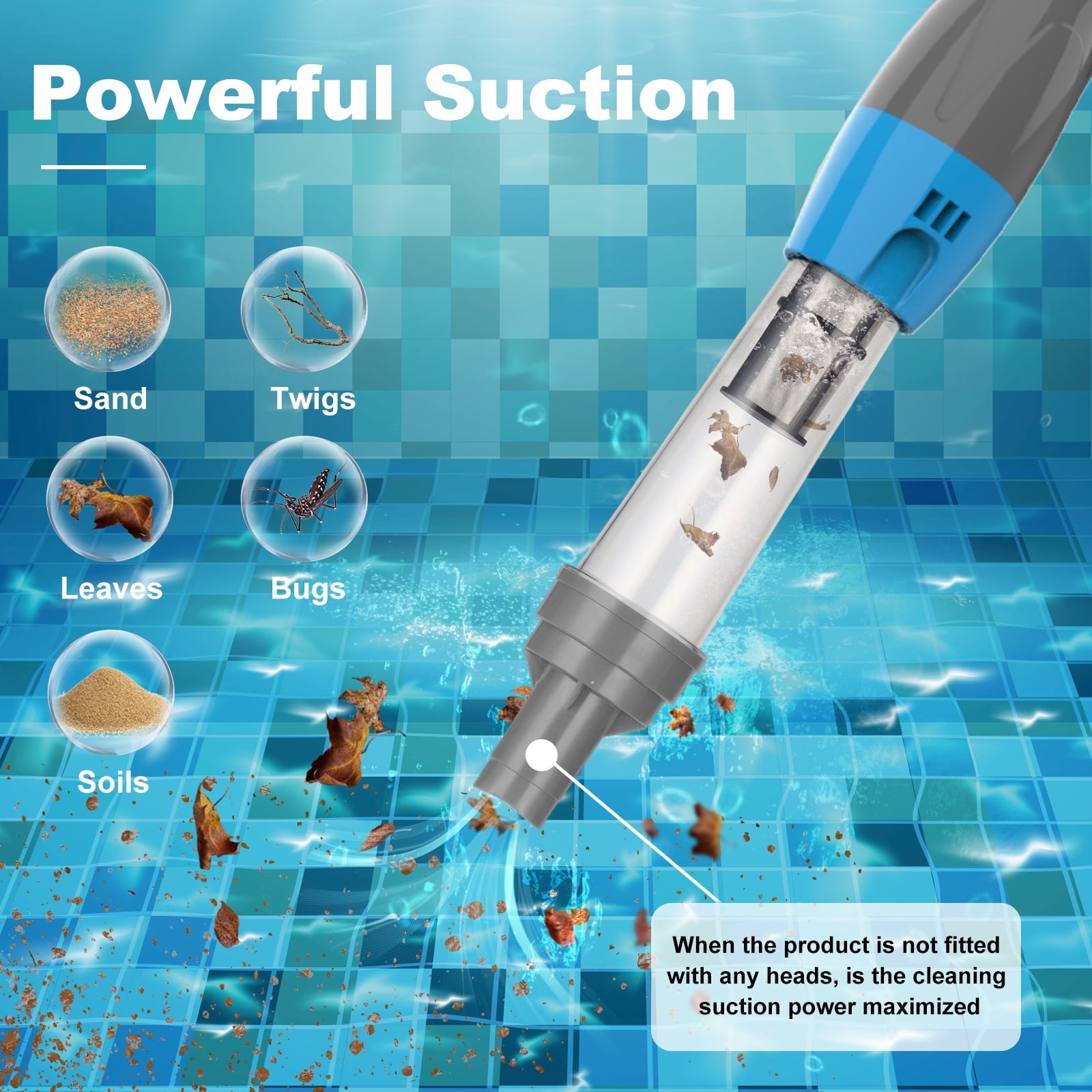 YSMJ Cordless Handheld Pool Vacuum, 90 Min Runtime Rechargeable Cleaner with Pole & Safety Detector for Small  Above Ground Pools, Hot Tubs and Spas (Gray& Blue)