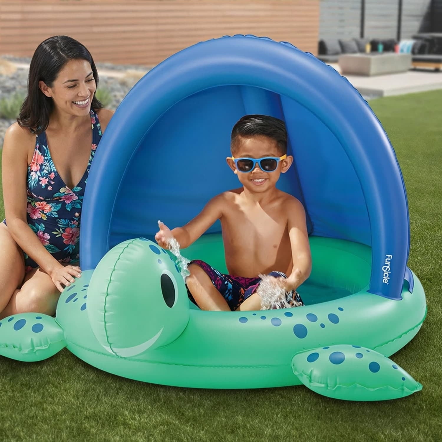 Funsicle 3.3ft Turtle Cove Shaded Pool, Inflatable Kiddie Pool, Multicolor, Round, Age 3 & up