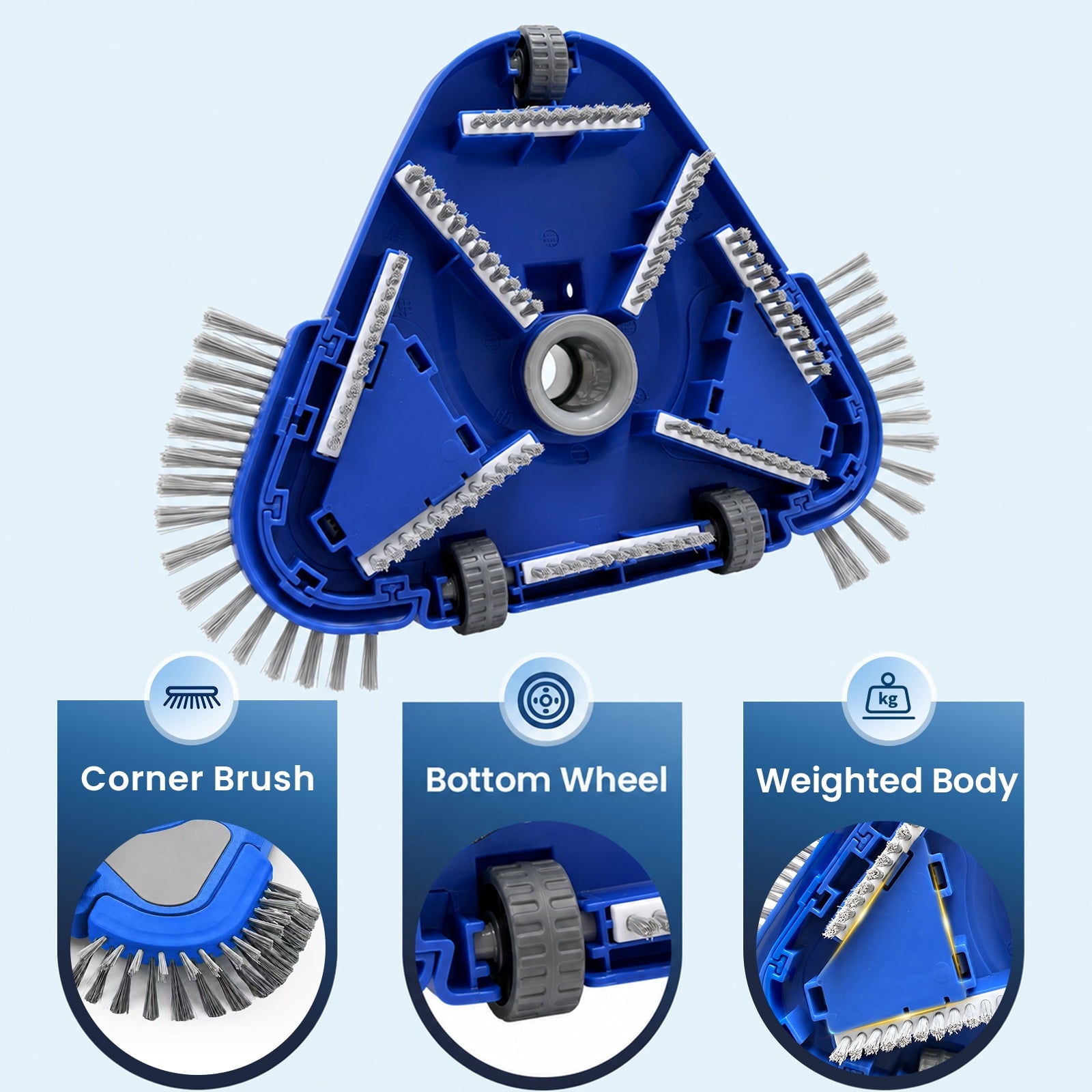 WaterJingle Weighted Triangular Pool Vacuum Head with Wheels, Swivel Hose Adapter and Corner Brushes
