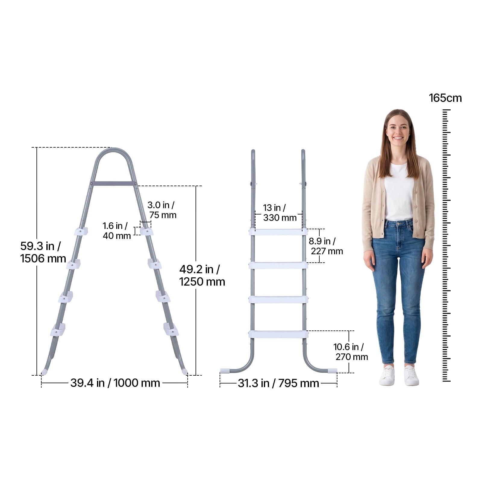KFFKFF 4-Step Steel A-Frame Pool Ladder for Above-Ground Pools, Designed for 48-Inch Walls, 300 lbs Weight Capacity, Non-Slip Wide Steps, Easy Assembly, Gray and White