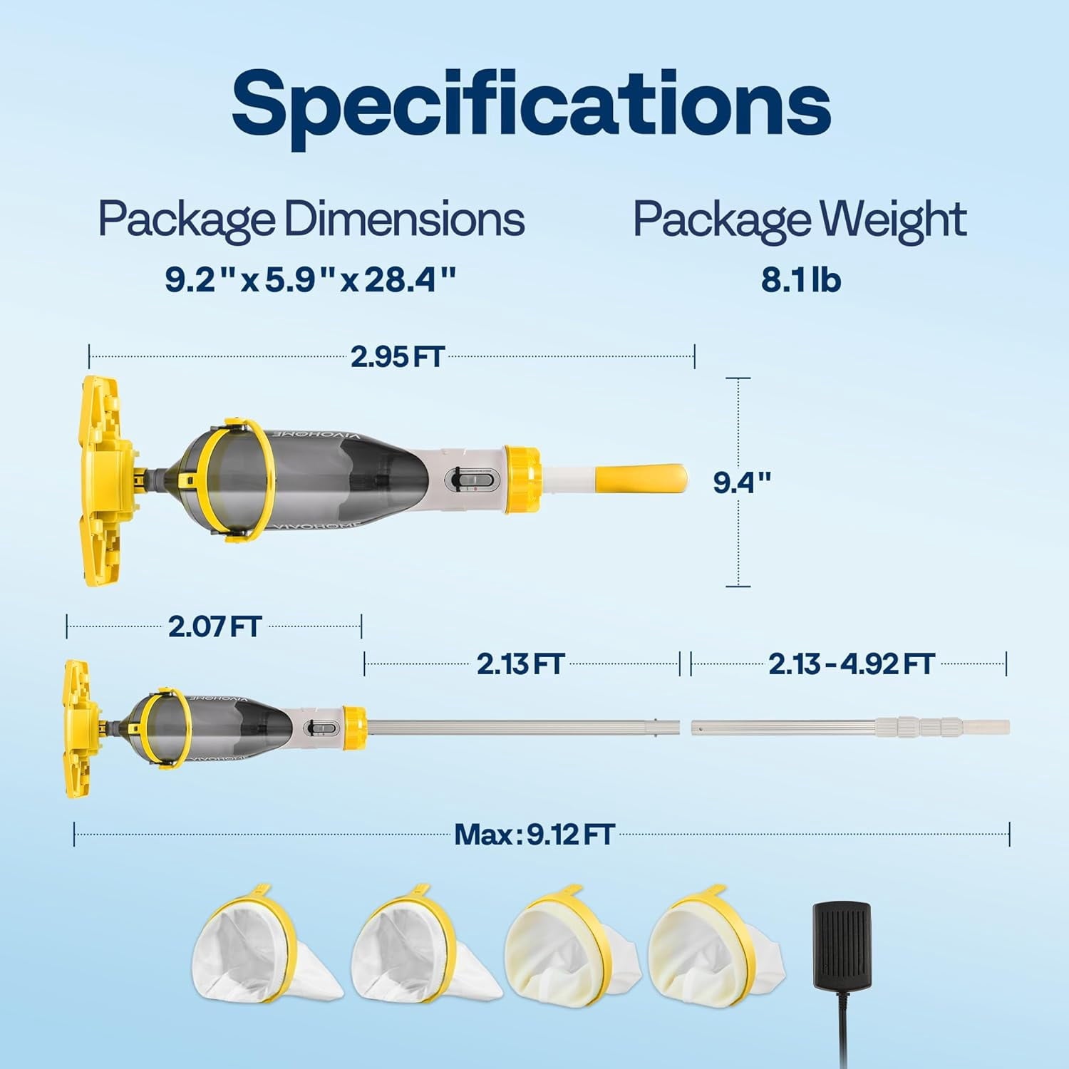 SPECSTAR Cordless Pool Vacuum with Telescopic & Extension Poles 9.12ft, 18.5 GPM Suction, 60-Min Run Time, Handheld Cleaner Rechargeable with Battery Indicator for Pools/Spas/Hot Tubs - Yellow