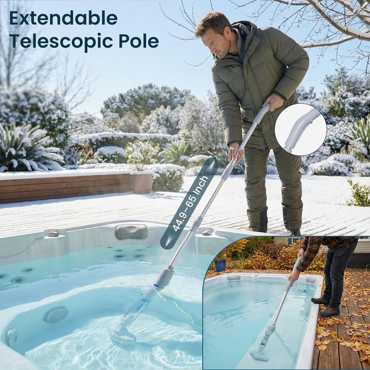 Handheld Spa Hot Tub Vacuum, Cordless Spa Vacuum Cleaner with 2 Brush Heads and Telescopic Pole, Up to 3 Hours of Runtime, Rechargeable Pool Vacuum
