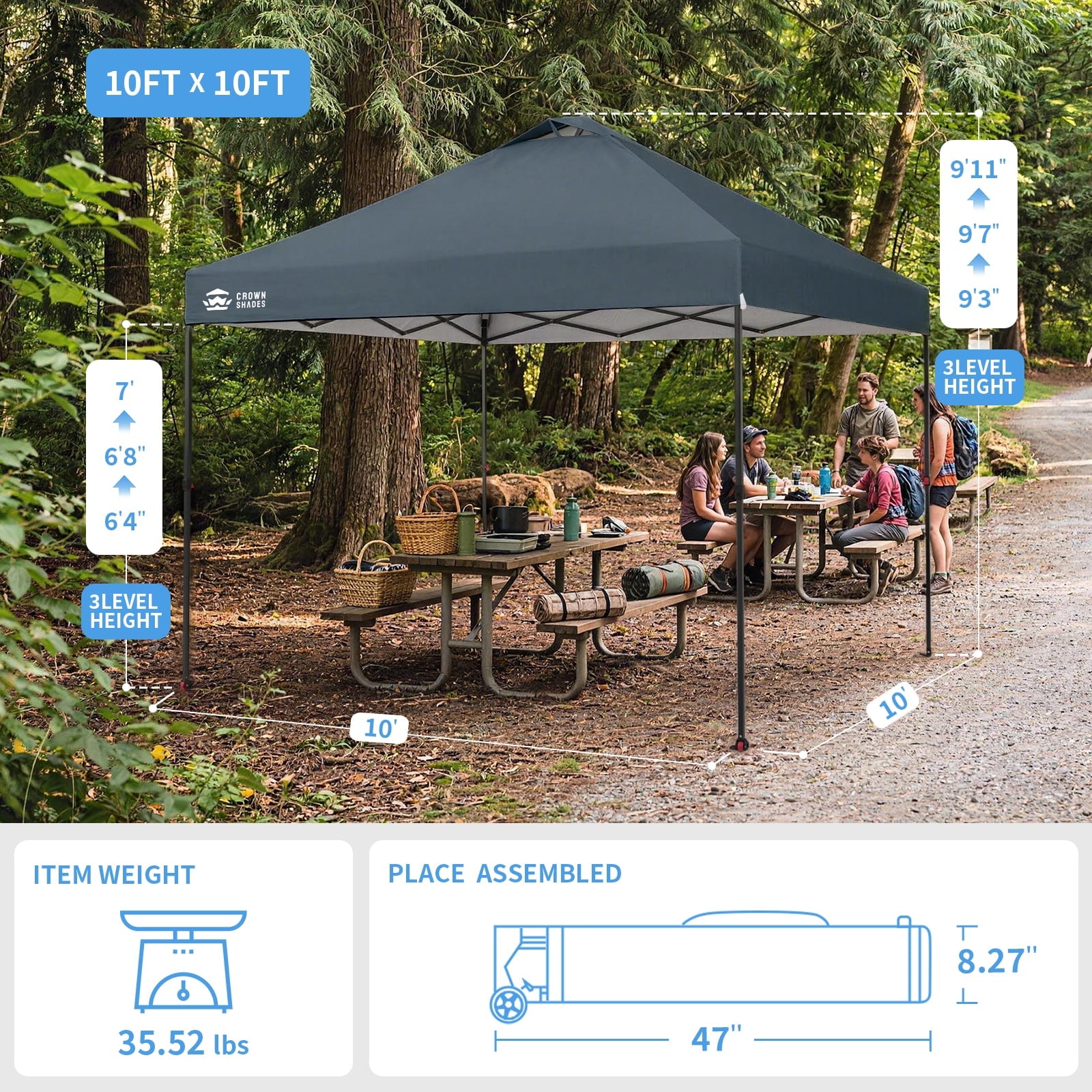 CROWN SHADES 10x10 Pop Up Canopy Patented Center Lock One Push Instant Outdoor Canopy Tent Grey