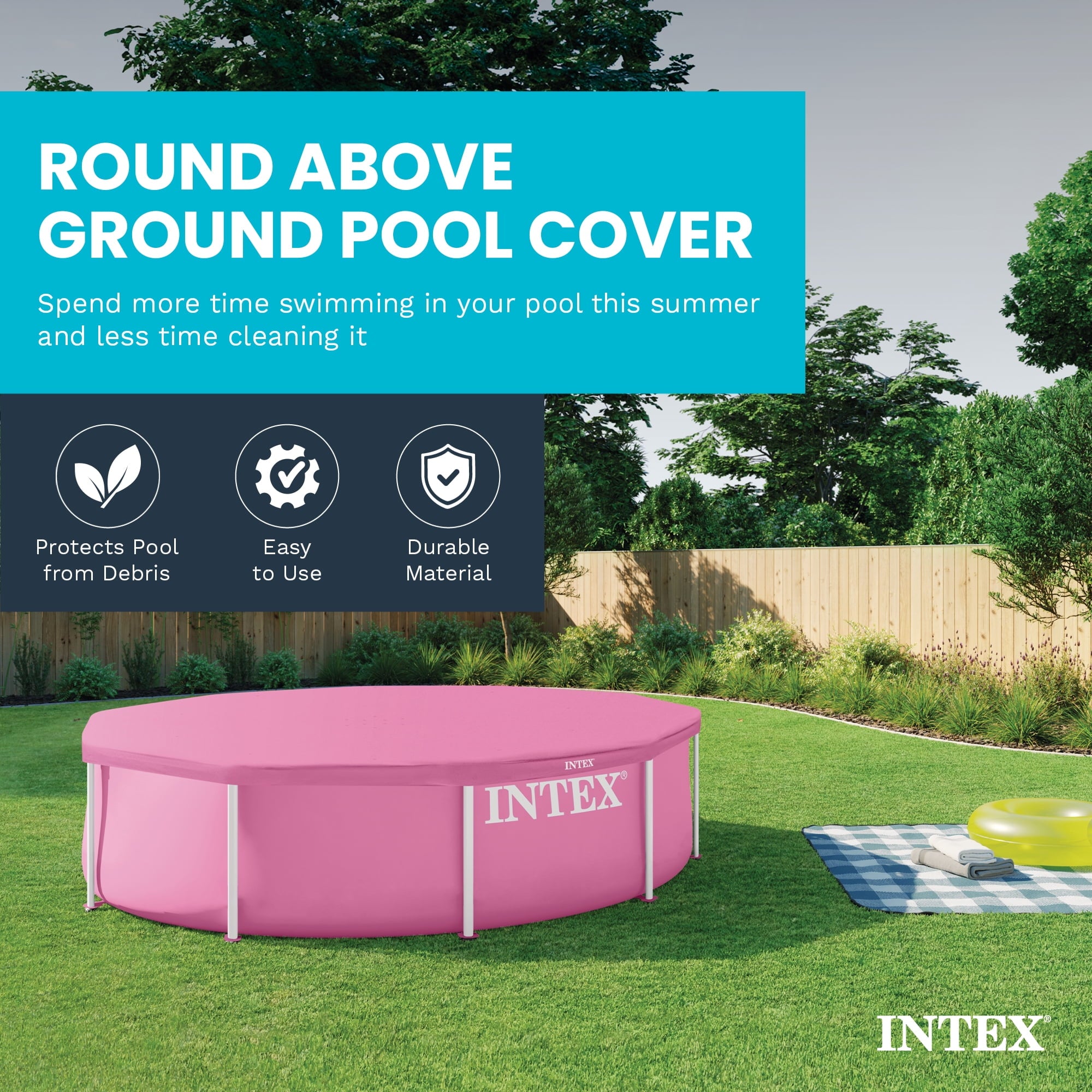 INTEX 10 Foot Pool Cover for Round Metal Frame Outdoor Backyard Swimming Pool, Pink