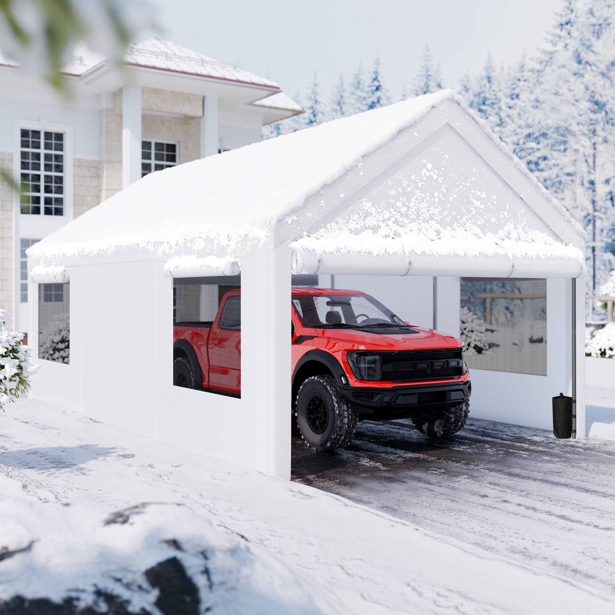 Walsunny 10x20 ft Carport with 4 Sandbags Heavy Duty Car Canopy with Roll-up Windows Portable Garage with Removable Sidewalls & Doors Khaki