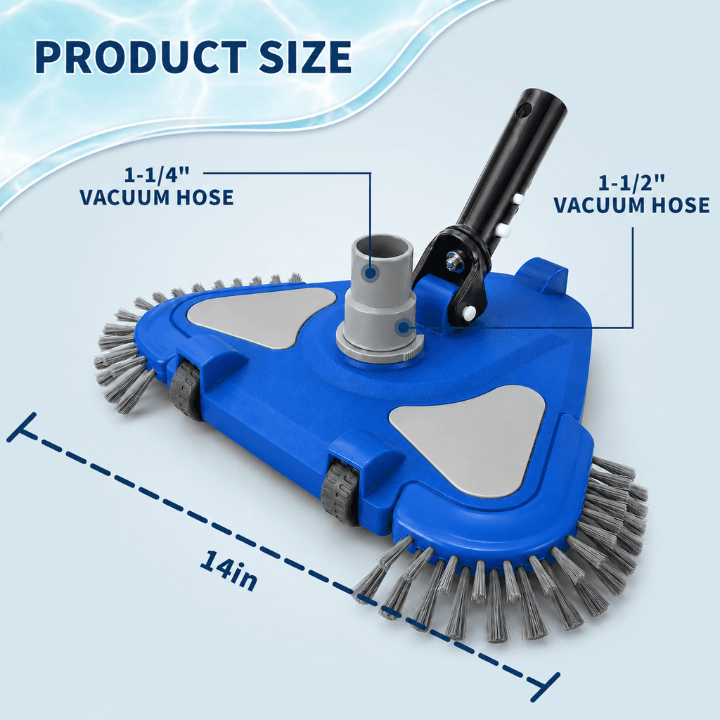 WaterJingle Weighted Triangular Pool Vacuum Head with Wheels, Swivel Hose Adapter and Corner Brushes
