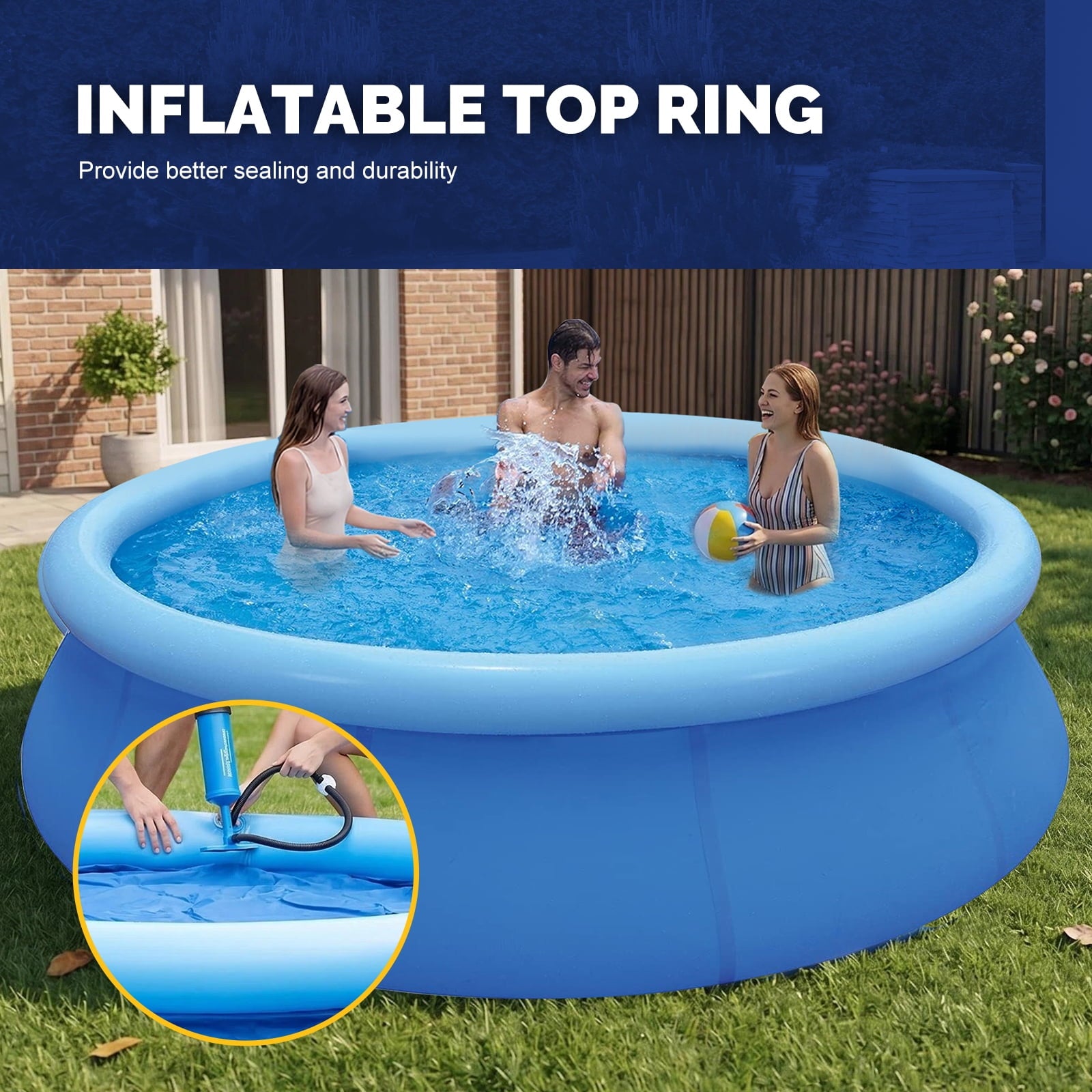 Honeydrill 12 ft x 36 in Above Ground Inflatable Pools, Top Ring Easy-Set Round Pool, Blue