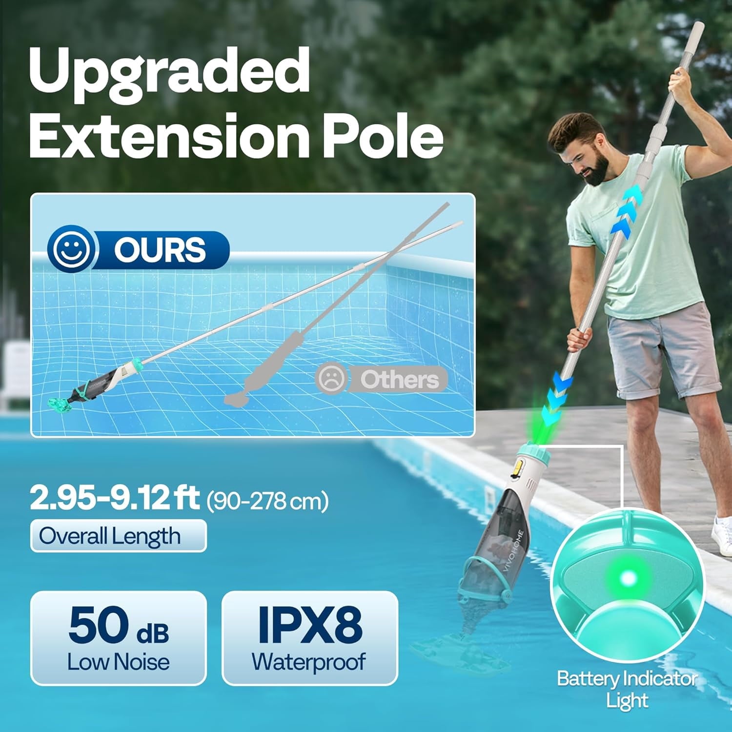 SPECSTAR Cordless Pool Vacuum with Telescopic & Extension Poles 9.12ft, 18.5 GPM Suction, 60-Min Run Time, Handheld Cleaner Rechargeable with Battery Indicator for Pools/Spas/Hot Tubs - Yellow