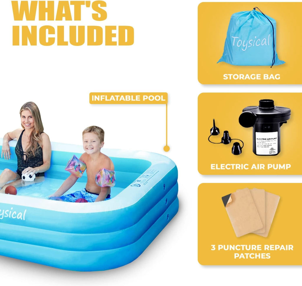 Toysical Inflatable Pool with Air Pump - 118 x 72 x 22” Above Ground Pool, Swimming Pools for Kids and Adults and The Entire Family ,More Durable Than Other Blow Up Pools , Includes Patches