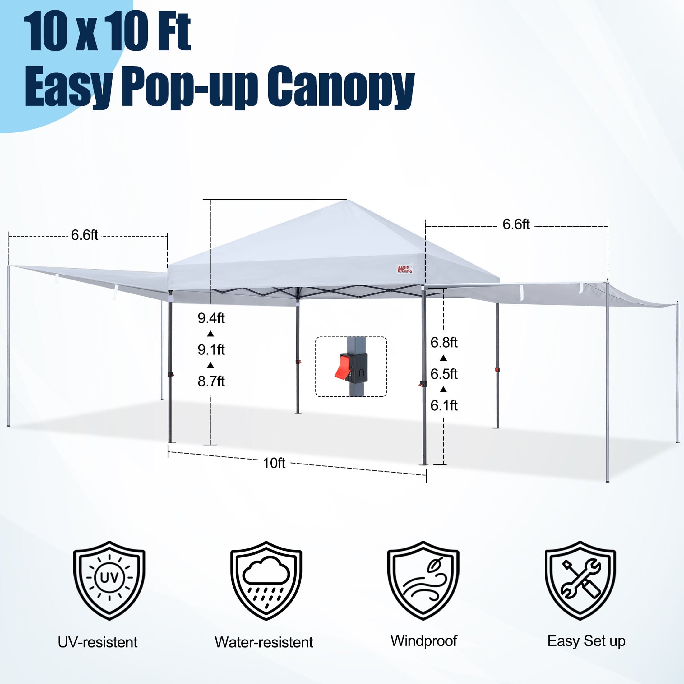 MASTERCANOPY 10 x 10ft Pop-up Canopy Tent with 2 Detachable Side Shades, White