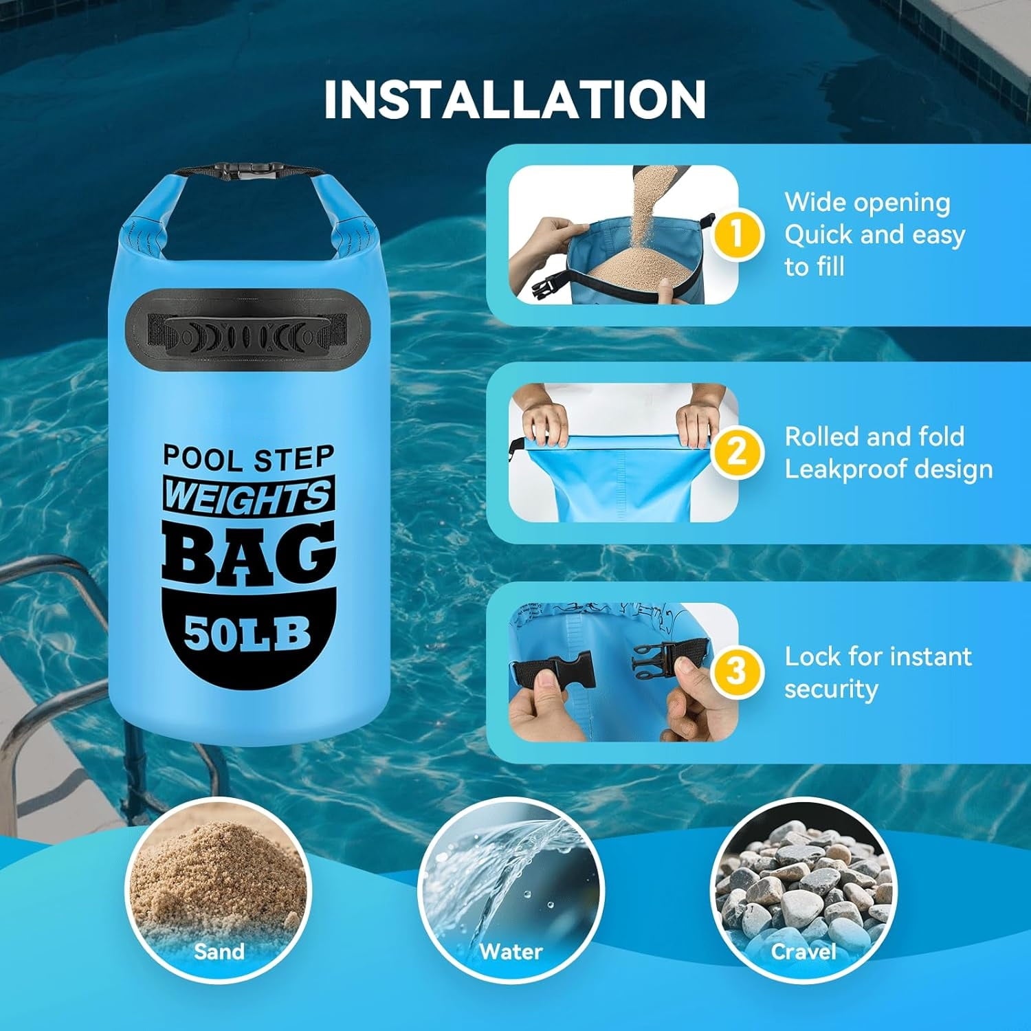 MM 2 pack 25lb Heavy Duty Pool Ladder Weights,Sand Fillable Universal Sand Bags Step Anchors,500D PVC Durable Waterproof&Foldable Sandbags for Above Ground Swimming Pools Stair,with Handle(Sky Blue)