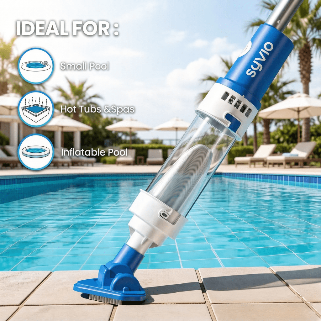 SYVIO 2-in-1 Cordless Handheld Pool Vacuum, Rechargeable Pool & Spa Cleaner with Telescopic Pole (78.8”), 60 Min Runtime, Ideal for Above Ground Pools, Hot Tubs & Small Pools