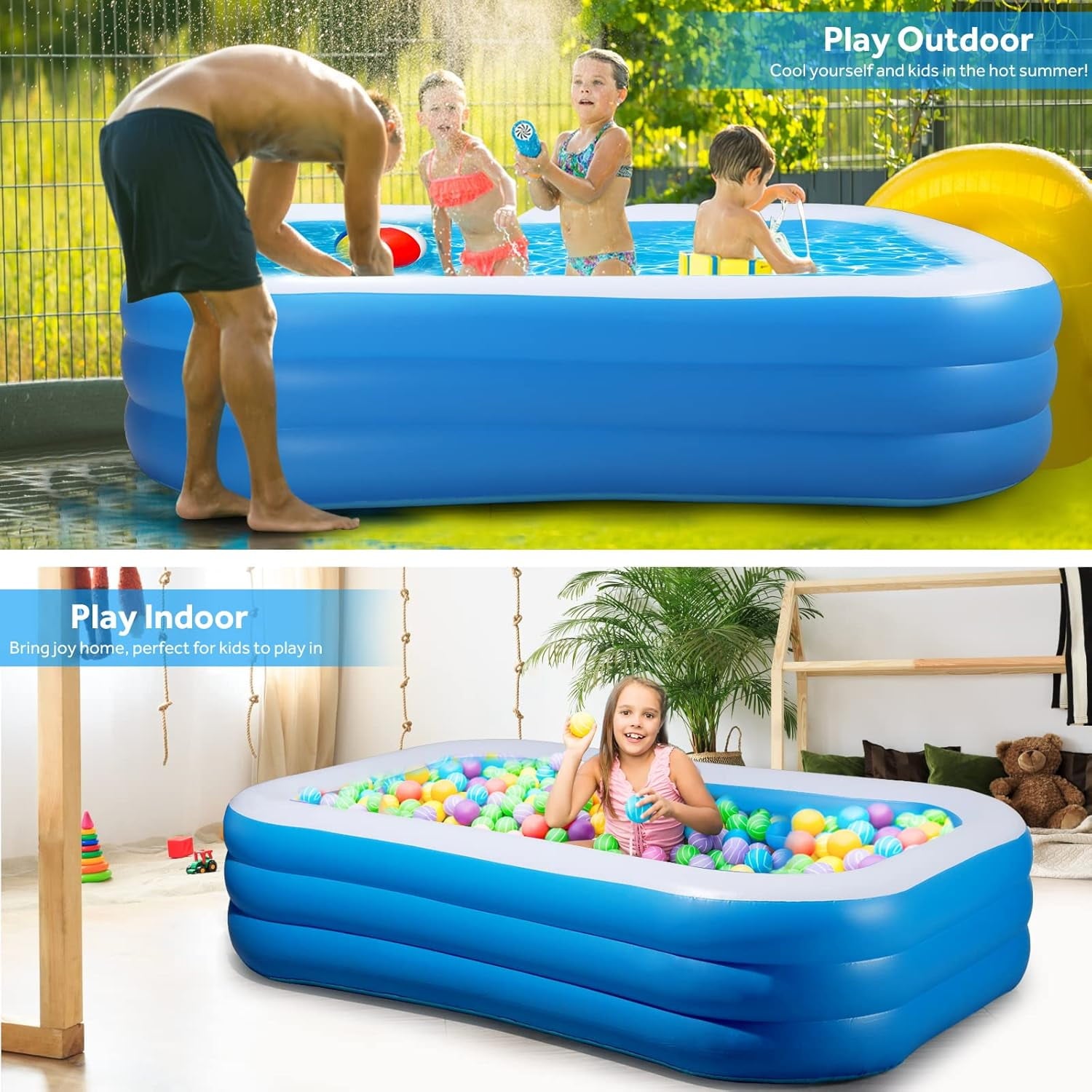 Cowin Inflatable Swimming Pool for Kids Adults, 120 x 72 x 22 Blow up Pool, Family Inflatable Swimming Pools for Backyard, Blue