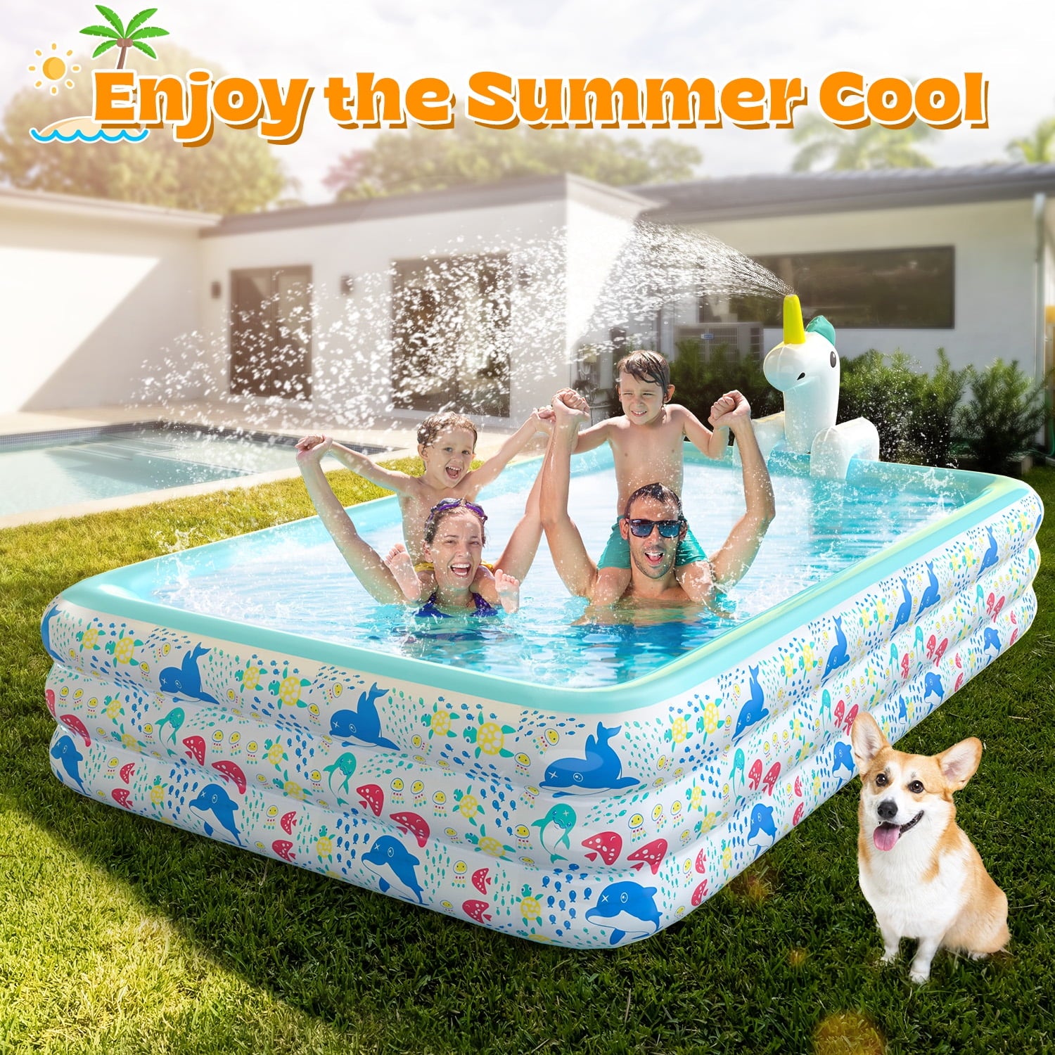 WonderStone 2 in 1 Inflatable Pool with Sprinkler, 118''x 71''x 24'' Oversizd Thickened Family Swimming Pool, Blow up Pool for Adult Kids Children Summer Outdoor Garden Backyard