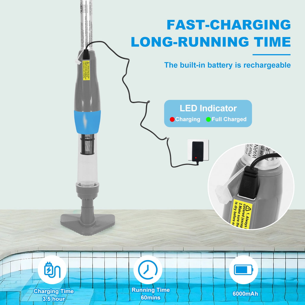 YSMJ Cordless Handheld Pool Vacuum, 90 Min Runtime Rechargeable Cleaner with Pole & Safety Detector for Small  Above Ground Pools, Hot Tubs and Spas (Gray& Blue)