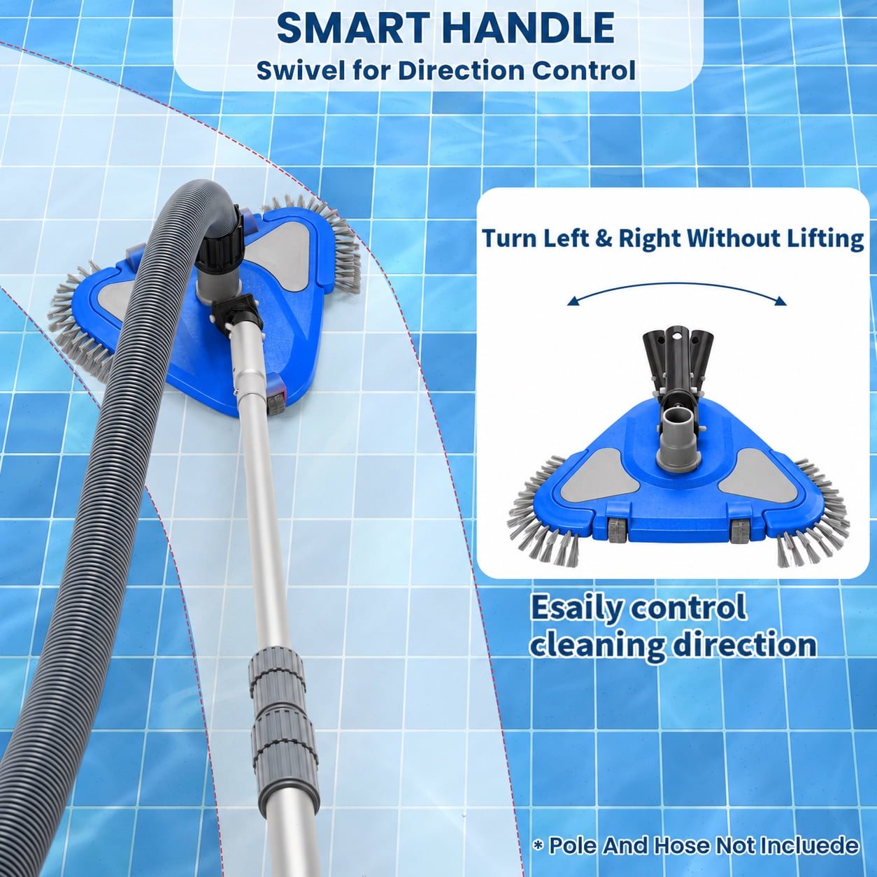 WaterJingle Weighted Triangular Pool Vacuum Head with Wheels, Swivel Hose Adapter and Corner Brushes