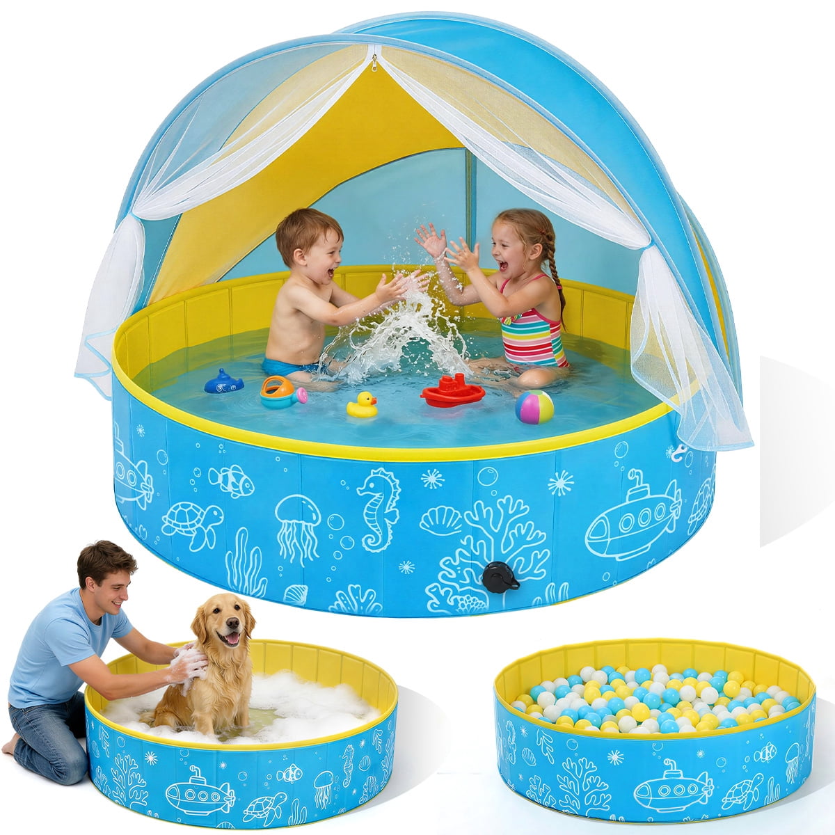 Kids Pool, Caveen Foldable Kiddie Pools for Toddler, Swimming Pool with Canopy for Backyard