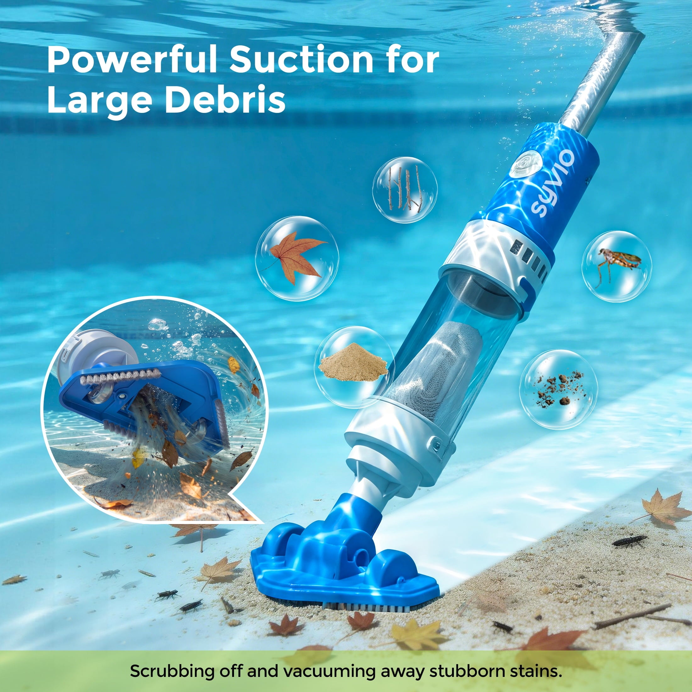 SYVIO 2-in-1 Cordless Handheld Pool Vacuum, Rechargeable Pool & Spa Cleaner with Telescopic Pole (78.8”), 60 Min Runtime, Ideal for Above Ground Pools, Hot Tubs & Small Pools