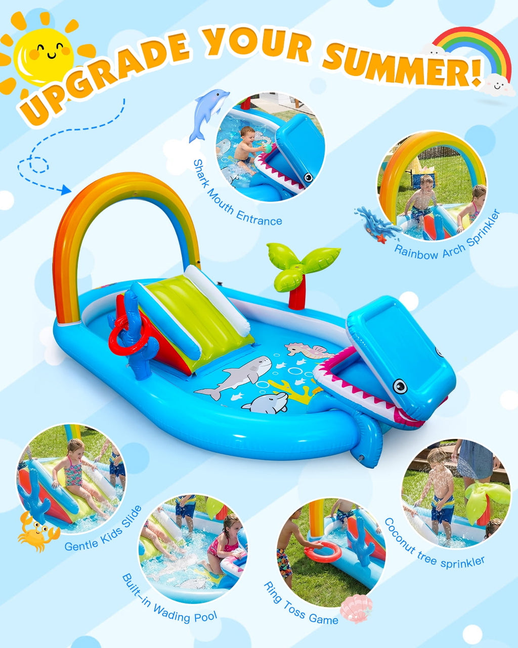 Qhomic 6-in-1 Inflatable Play Center with Pool, Indoor/Outdoor Water Park Pool with Water Slide, Shark-Shaped Ball Toss, Water Sprinklers, Ring Toss Game, and Powerful Pump, Dry & Wet Use
