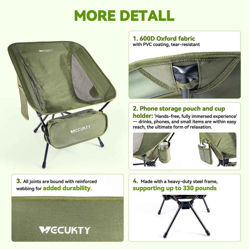 VECUKTY Portable Camping Chair with Carry Bag, Lightweight Folding Outdoor Chair with Side Pocket for Camping, Hiking, Fishing, Black