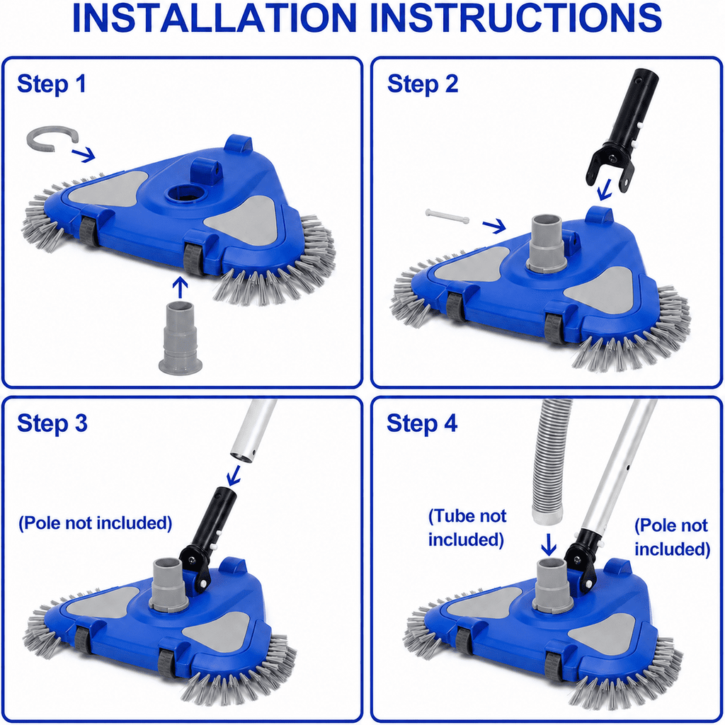 WaterJingle Weighted Triangular Pool Vacuum Head with Wheels, Swivel Hose Adapter and Corner Brushes