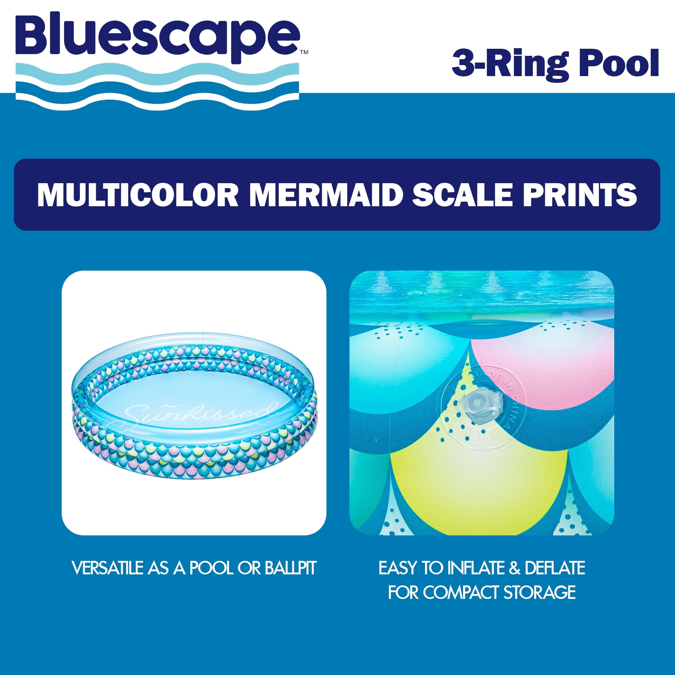 Bluescape Colorful Mermaid Print 3-Ring Inflatable Swimming Pool for Kids, Round, Age 2 & up, Unisex